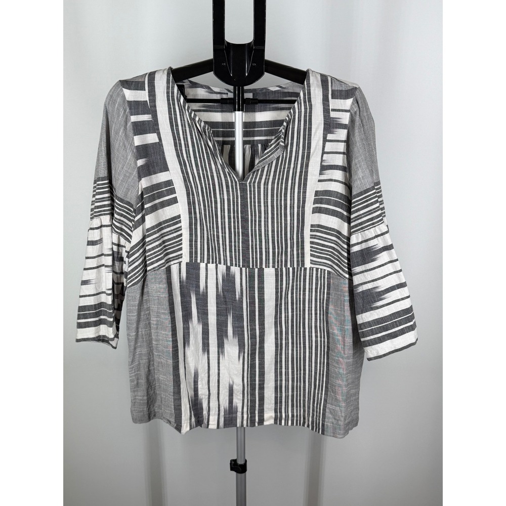 J. Jill Pure Jill Grey White Striped Ikat Cotton V-Neck Tunic Top Large
